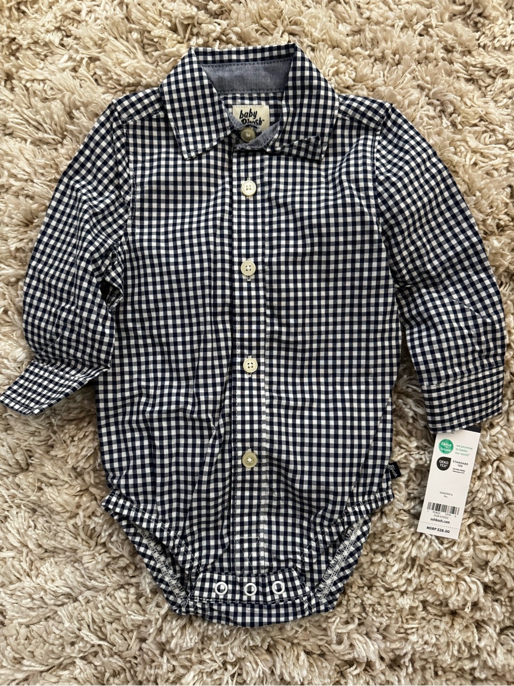 Oshkosh Baby B’gosh Navy & White Gingham Button-Front Bodysuit Shirt